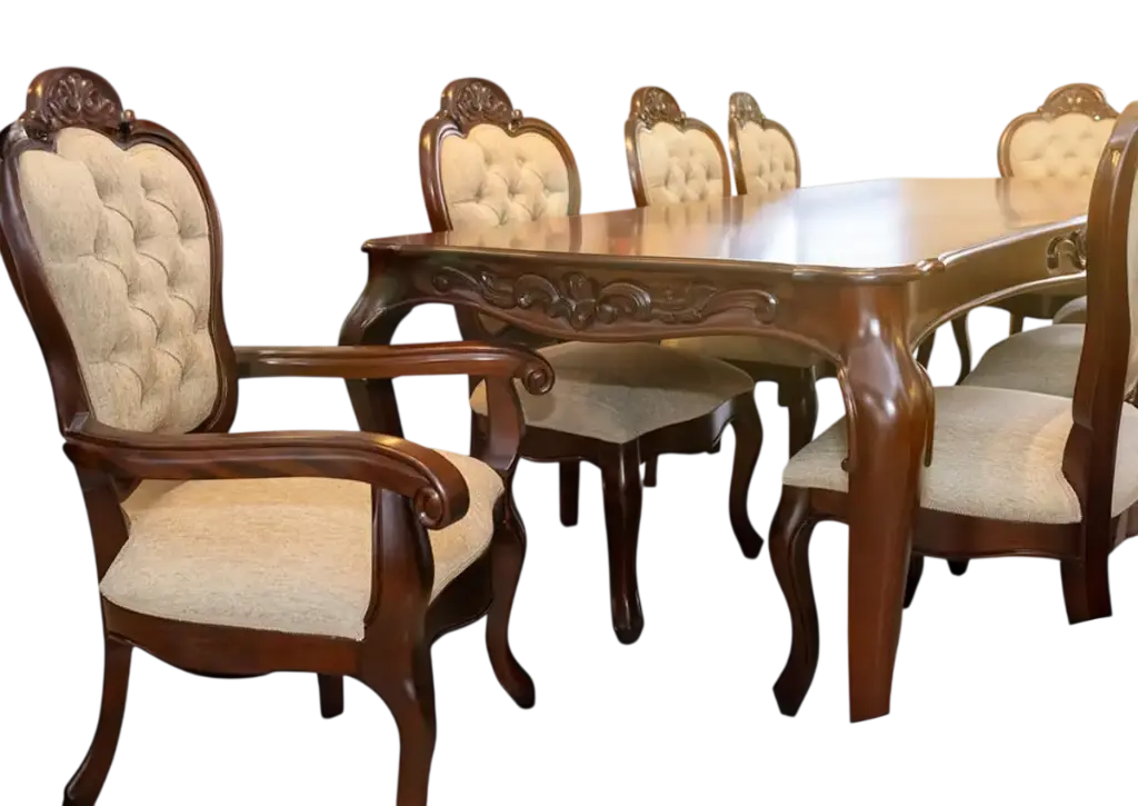 AMUEBLADO DE COMEDOR PARA OCHO PERSONAS ESTILO LUMIERI, EN COLOR COCOA MEDALLON