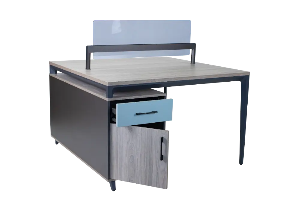 ESTACION DE TRABAJO 2P TOP GRANIZO BASE IRON GREY F22 DIVISION VIDRIO C/CREDENZA LATERAL DOBLE CARA COLOR CHUMBO RIEL SOBREEXTENSION CHAPA Y PUERTAS GRANIZO 1.20*1.20*0.75