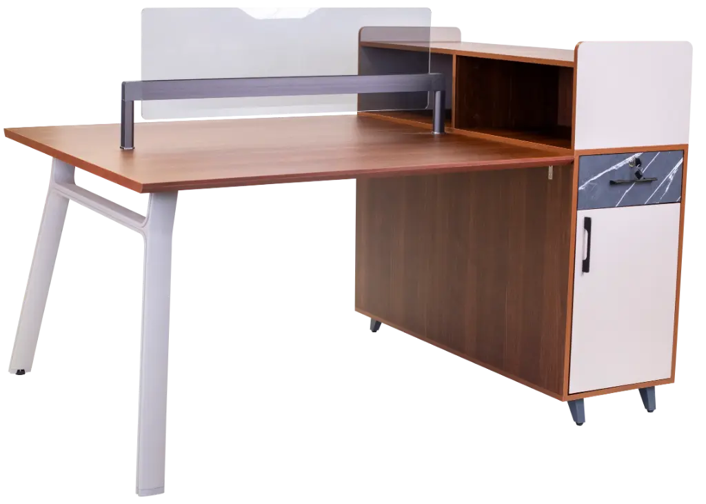 ESTACION DE TRABAJO 2P TOP NOCE COSTA BASE LIGHTGREY F24 DIVISION DE VIDRIO CREDENZA DOBLE CARA COLOR NOCE COSTA GAVETAS MARMOL GRIS 1.20*1.20*0.75