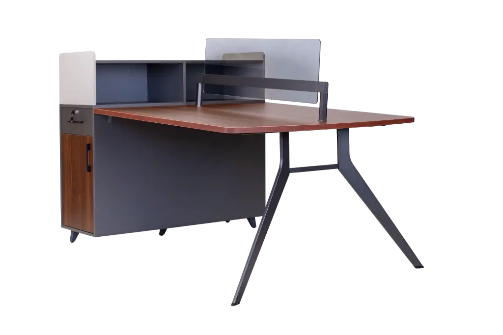 ESTACION DE TRABAJO 2P TOP NOCE COSTA BASE WGREY F23 DIVISION DE VIDRIO CREDENZA DOBLE  COLOR CHUMBO GAVETAS COLOR LINO 1.20*1.20*0.75