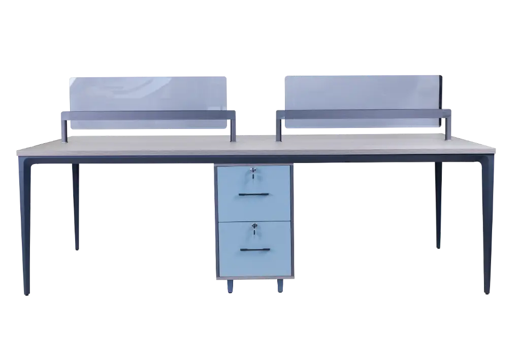 ESTACION DE TRABAJO 4P TOP GRANIZO BASE IRON GREY F22 DIVISION DE VIDRIO, CREDENZA  DOBLE TOP CHUMBO GAVETAS GRANIZO Y MACARON 2.40*1.20*0.75