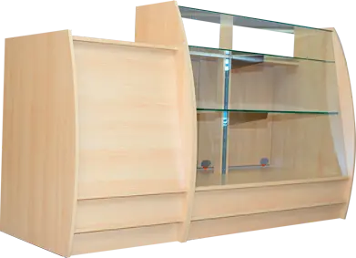 MOSTRADOR DE 1.20 MTS - COLOR ROBLE NATURAL MATRIX O MAPLE - CON DIVISIONES Y TOP DE VIDRIO