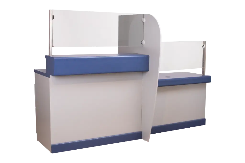 MOSTRADOR DOBLE PARA RECEPCION CON VIDRIO -COLOR AZUL/GRIS 