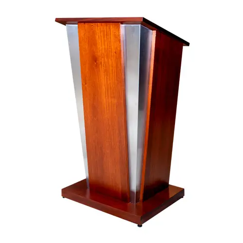 PULPITO DE MADERA WENGE 2 ESQUINAS DE ACERO INOX, TABLERO SUPERIOR 56*63.5 CM