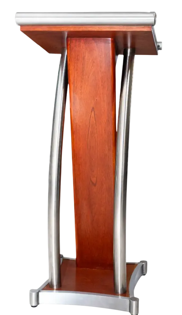 PULPITO PODIUM CURVO / BASE DE MADERA Y PILARES DE ACERO INOX