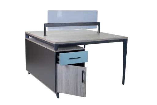 [IRONGREY004] ESTACION DE TRABAJO 2P TOP GRANIZO BASE IRON GREY F22 DIVISION VIDRIO C/CREDENZA LATERAL DOBLE CARA COLOR CHUMBO RIEL SOBREEXTENSION CHAPA Y PUERTAS GRANIZO 1.20*1.20*0.75