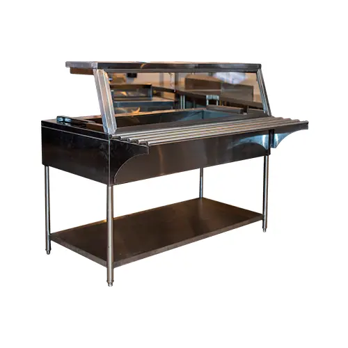 [DESINOX01] MESA CALIENTE 68 CM X 152 CM X 90 CM, DESLIZADOR DE PLATOS INCLUYE 4 INSERTOS FULL 