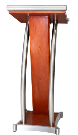 [DES097] PULPITO PODIUM CURVO / BASE DE MADERA Y PILARES DE ACERO INOX